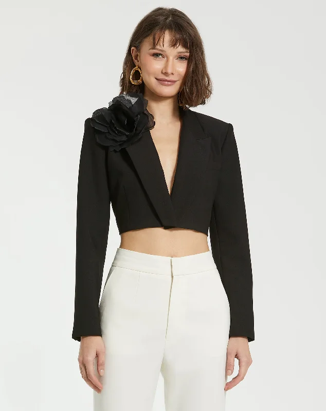 Notch Collar Crepe Cropped Tailored Blazer Jacket with 3D Flower