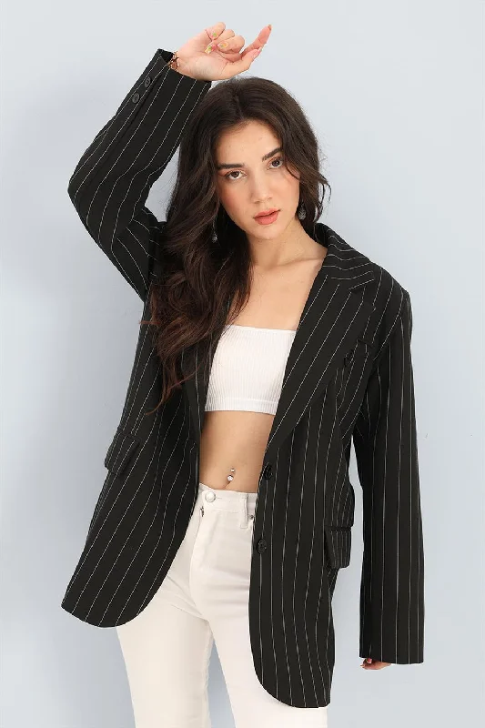 Women's Blazer Jacket Striped Atlas Fabric - Black