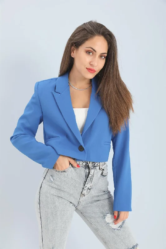 Women's Double Peto Pocket Short Crop Blazer Jacket - Sax Blue