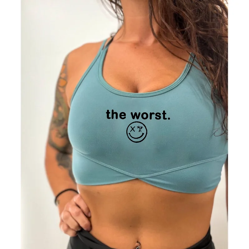 Salty Savage Ladies “the worst” V Cut Sports Bra | Powder Blue